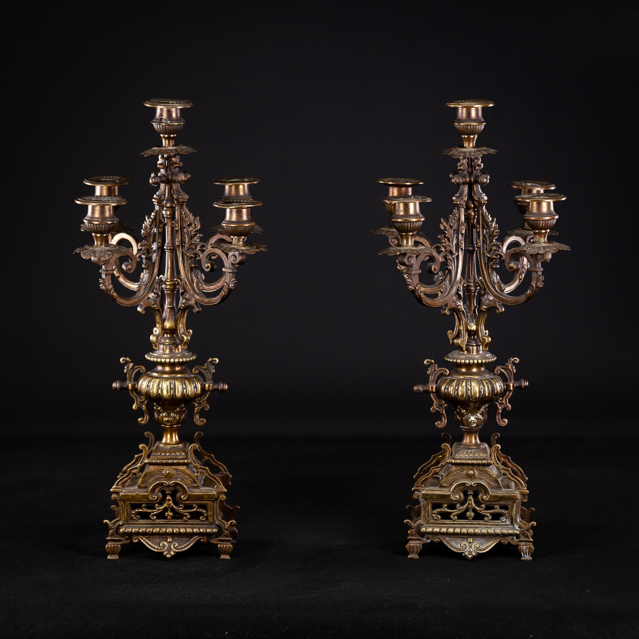 Candelabra Pair Gilded Bronze Gothic Gilt 5 Lights 17"