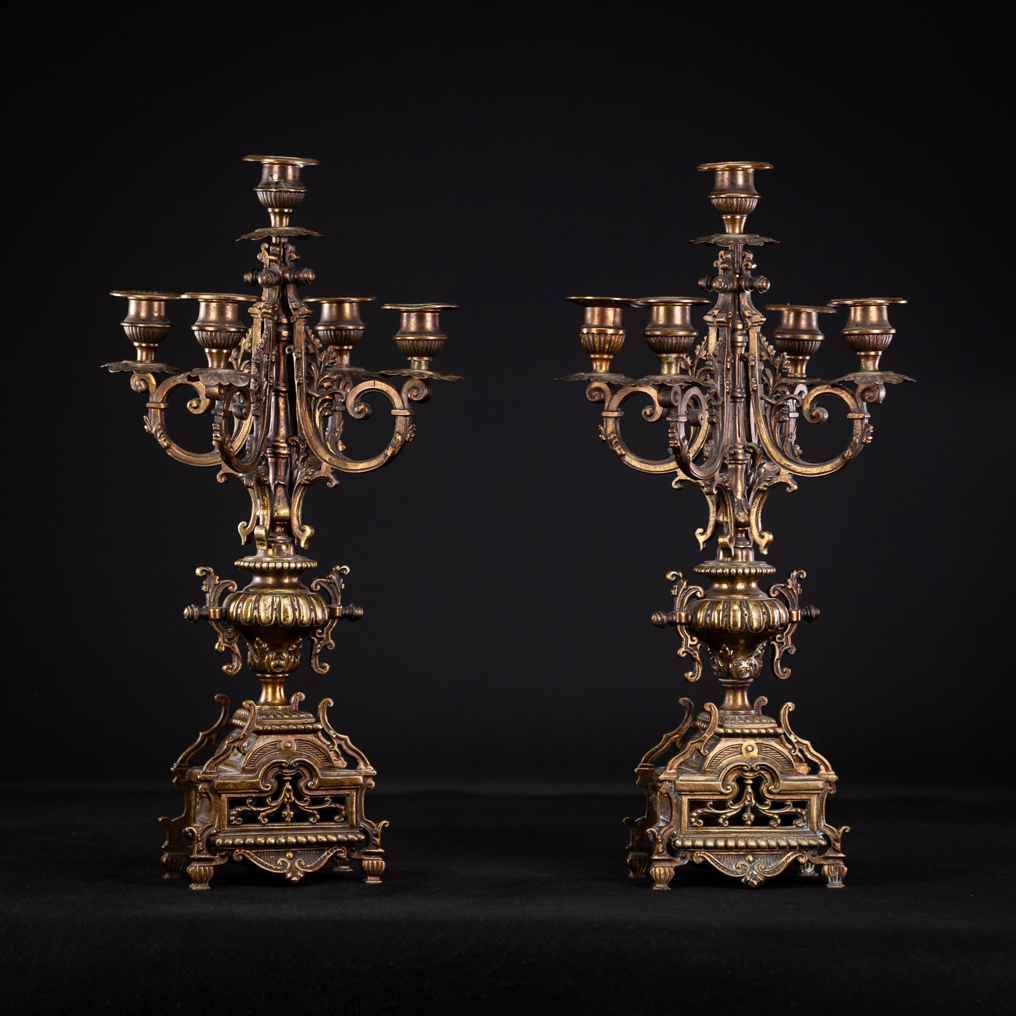 Candelabra Pair Gilded Bronze Gothic Gilt 5 Lights 17"