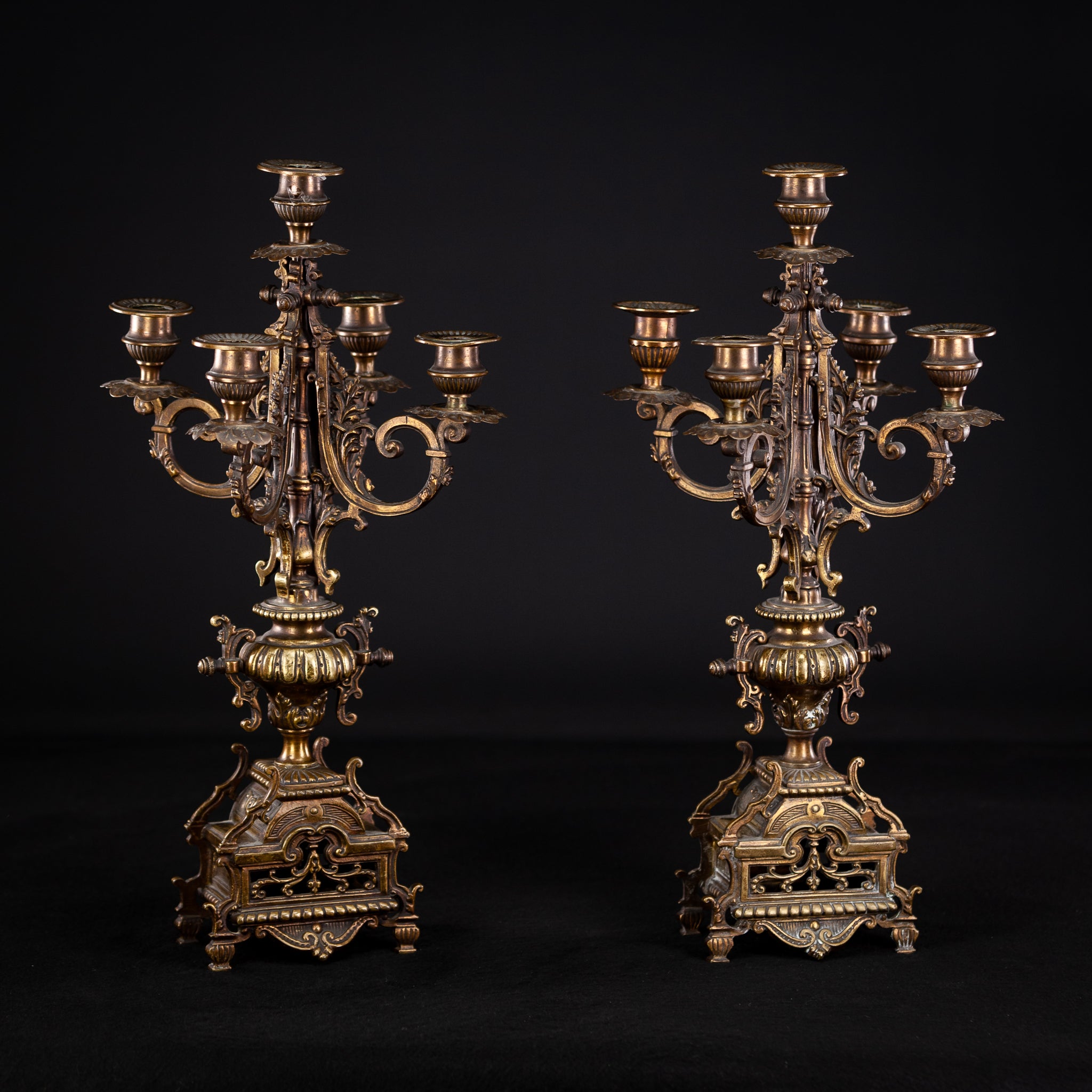 Candelabra Pair Gilded Bronze Gothic Gilt 5 Lights 17"