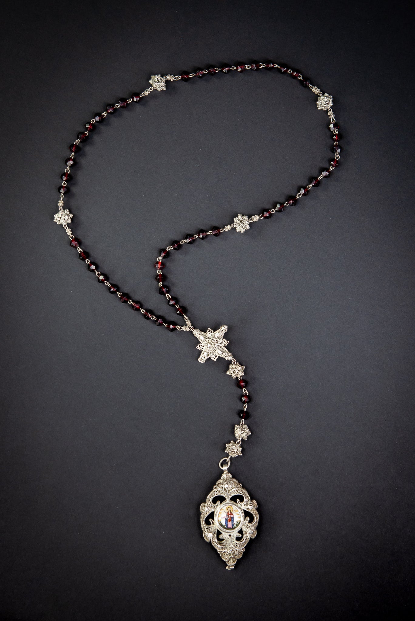 Rosary Solid Sterling Silver Red Garnets Enamel 20”