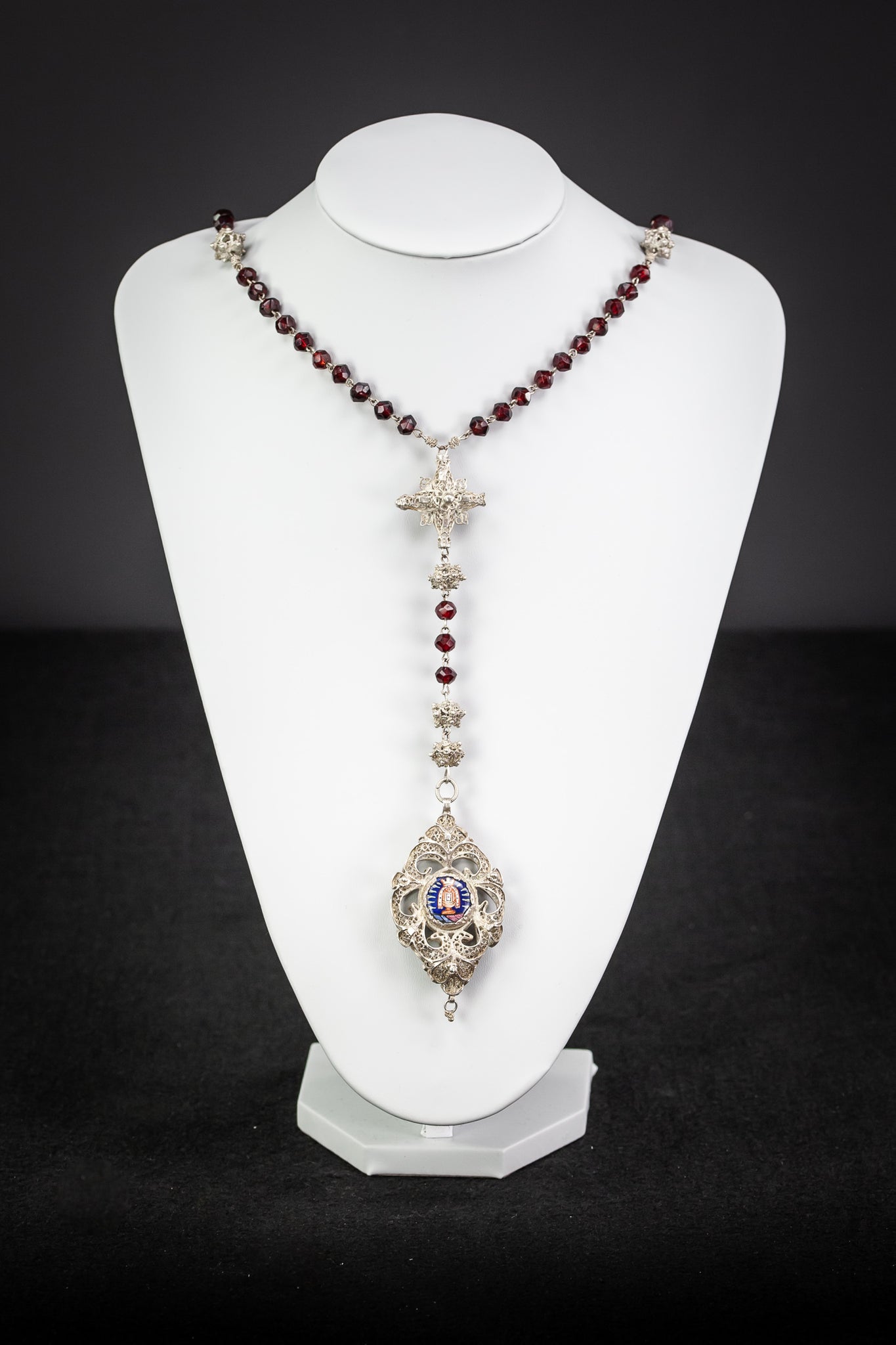 Rosary Solid Sterling Silver Red Garnets Enamel 20”