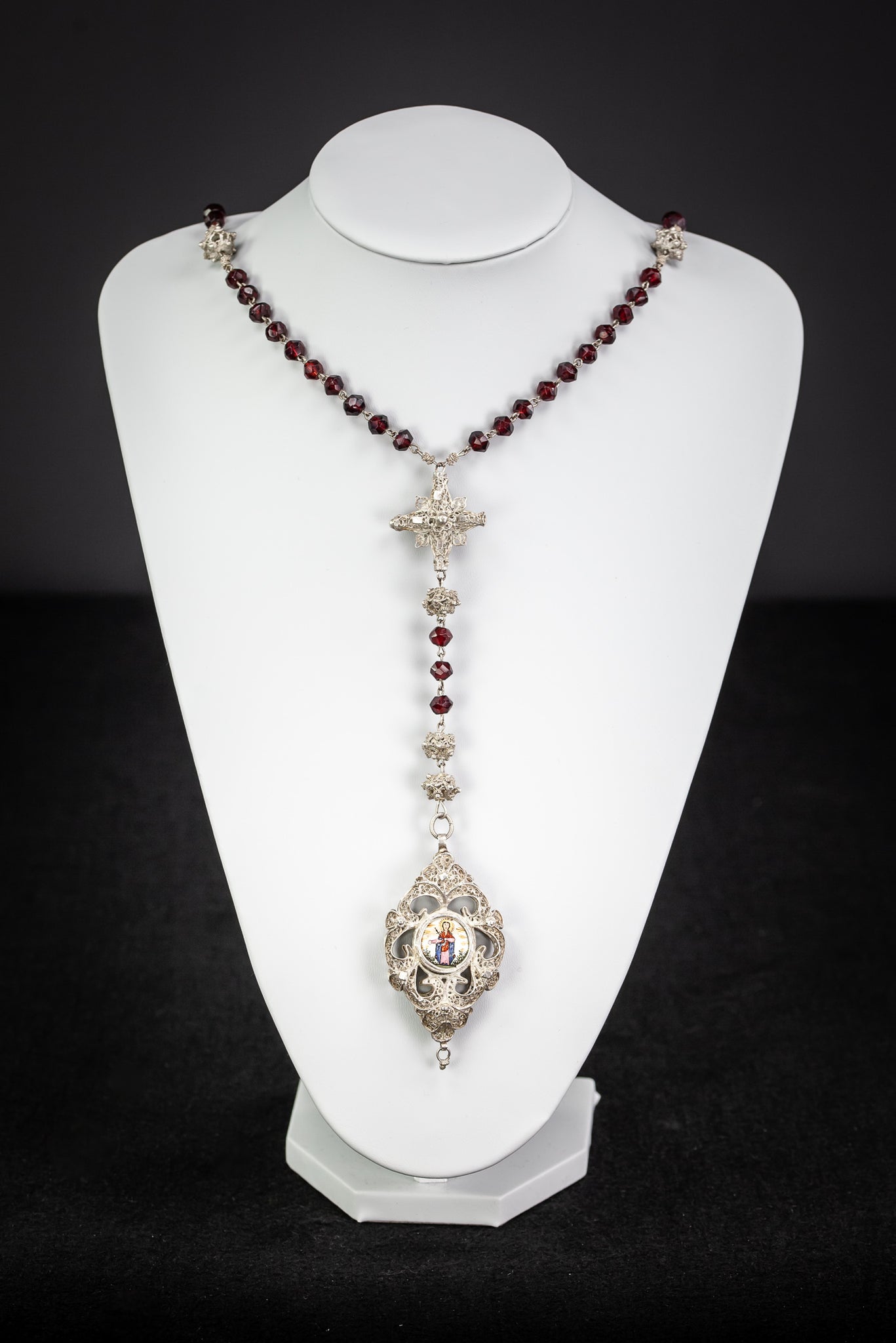 Rosary Solid Sterling Silver Red Garnets Enamel 20”