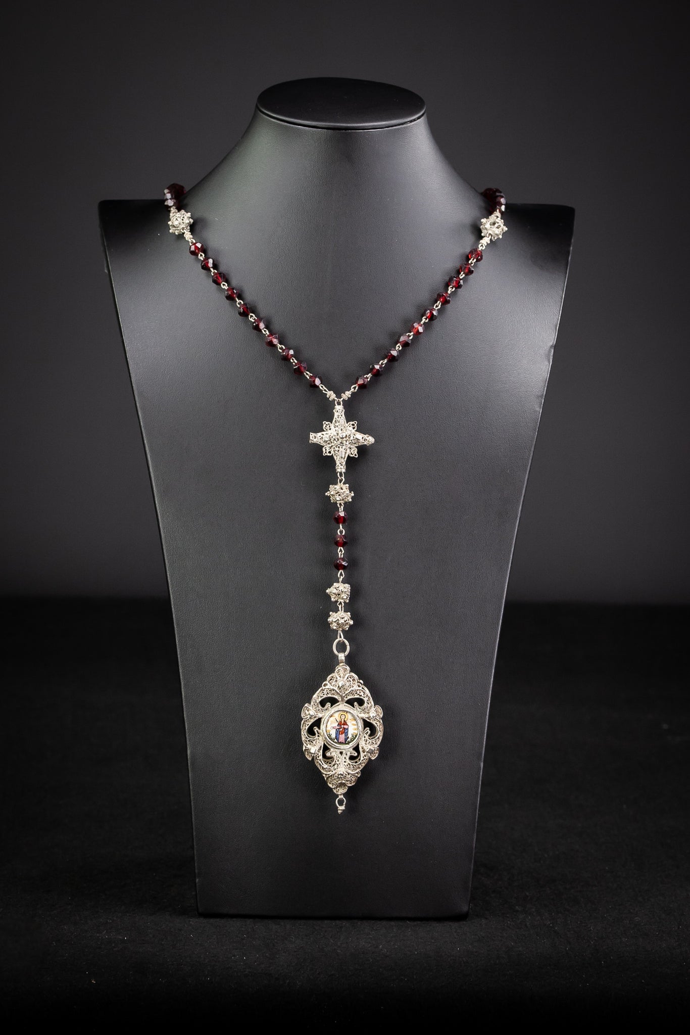 Rosary Solid Sterling Silver Red Garnets Enamel 20”