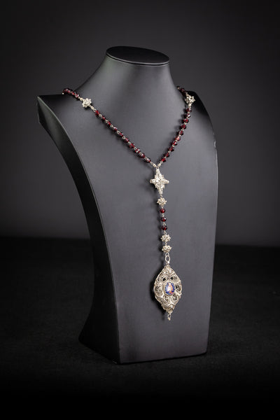 Rosary Solid Sterling Silver Red Garnets Ename 20”