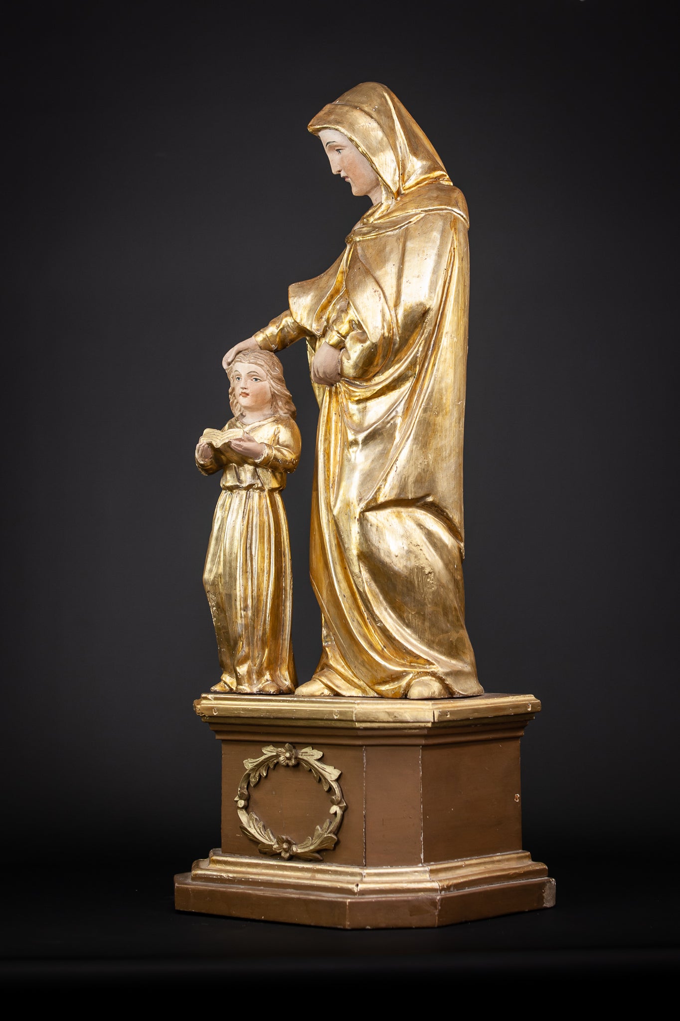 Antique St Anne with Mary Gilded Wood Sculpture 28.7”