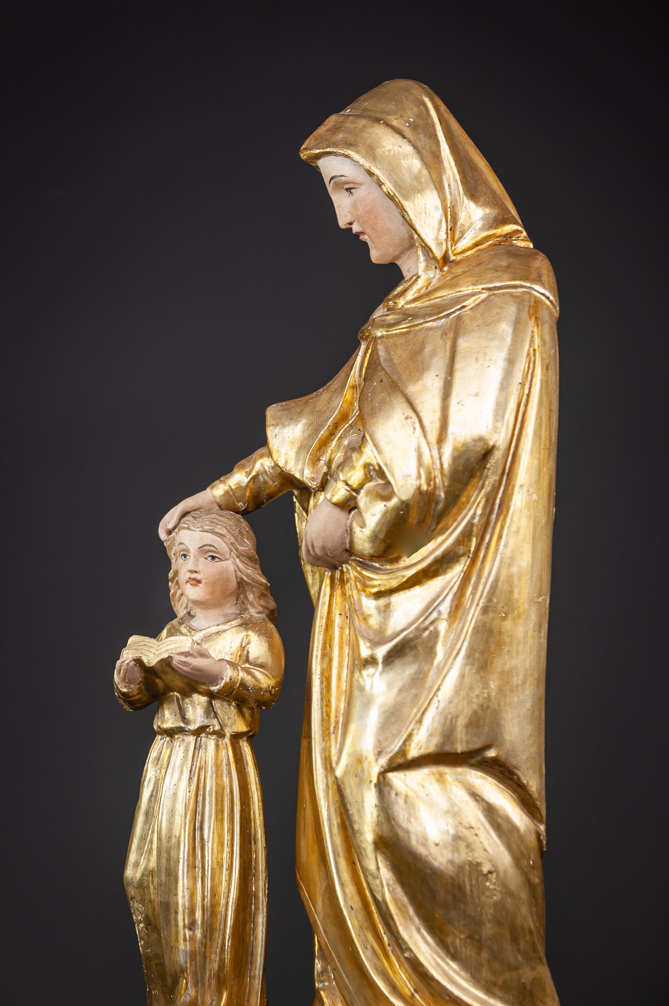 Antique St Anne with Mary Gilded Wood Sculpture 28.7”