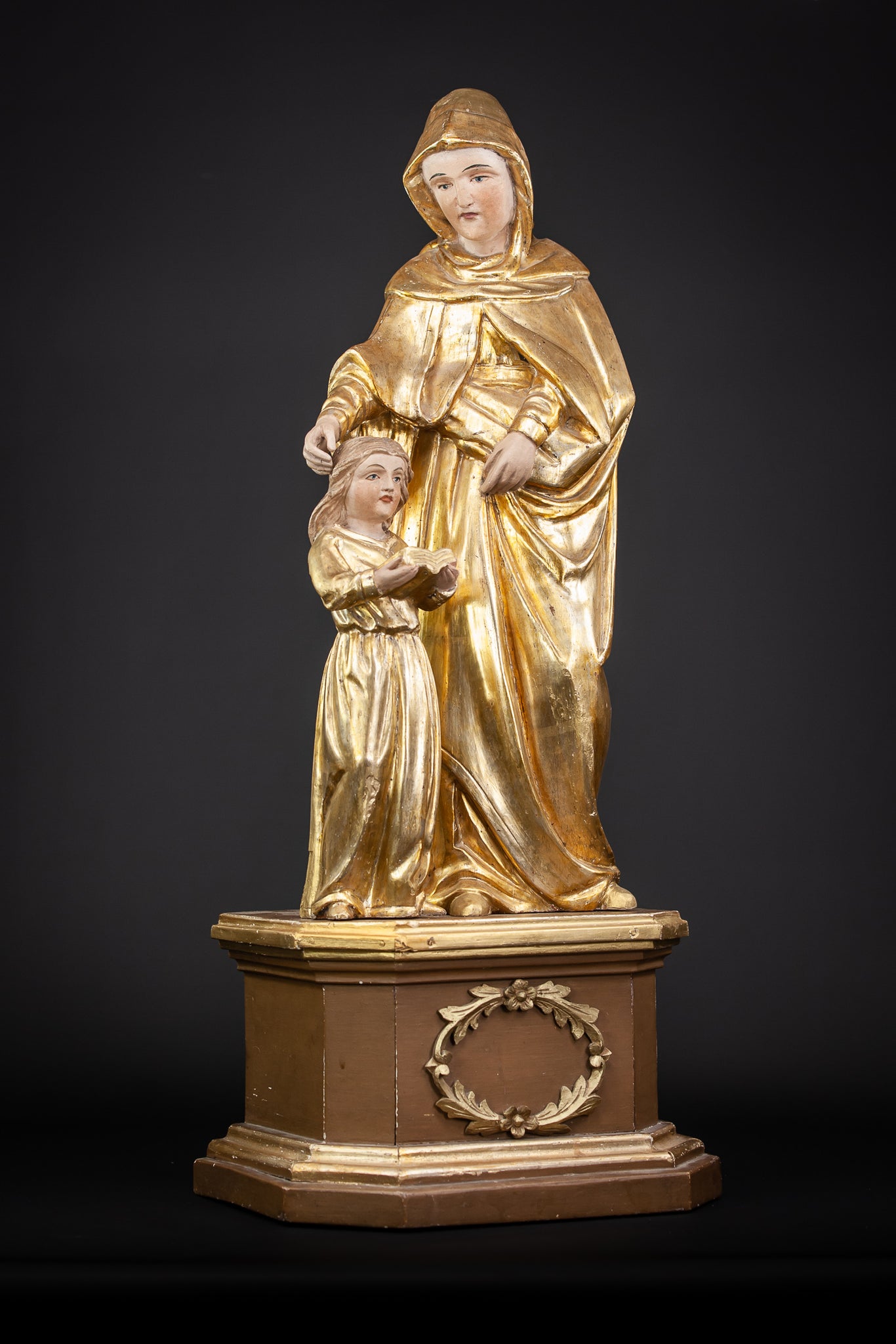 Antique St Anne with Mary Gilded Wood Sculpture 28.7”
