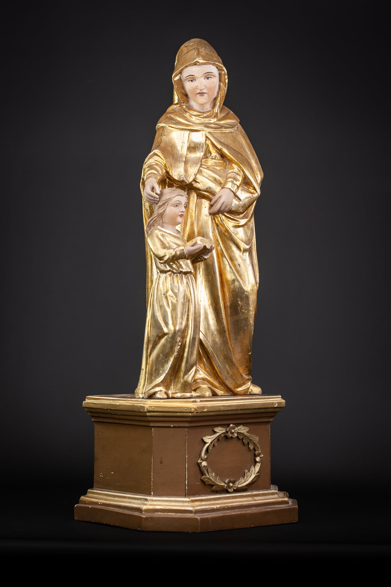 Antique St Anne with Mary Gilded Wood Sculpture 28.7”