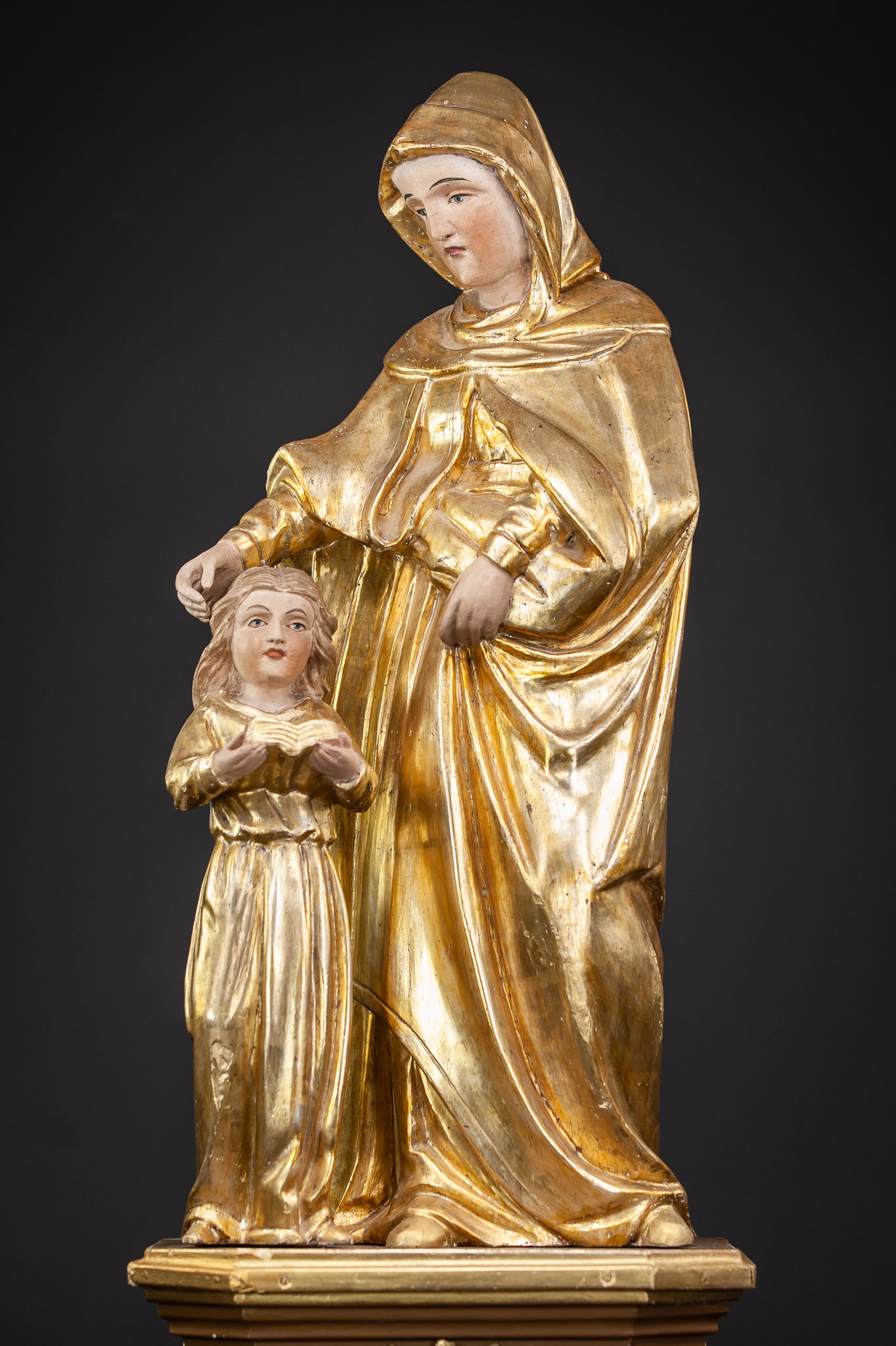 Antique St Anne with Mary Gilded Wood Sculpture 28.7”