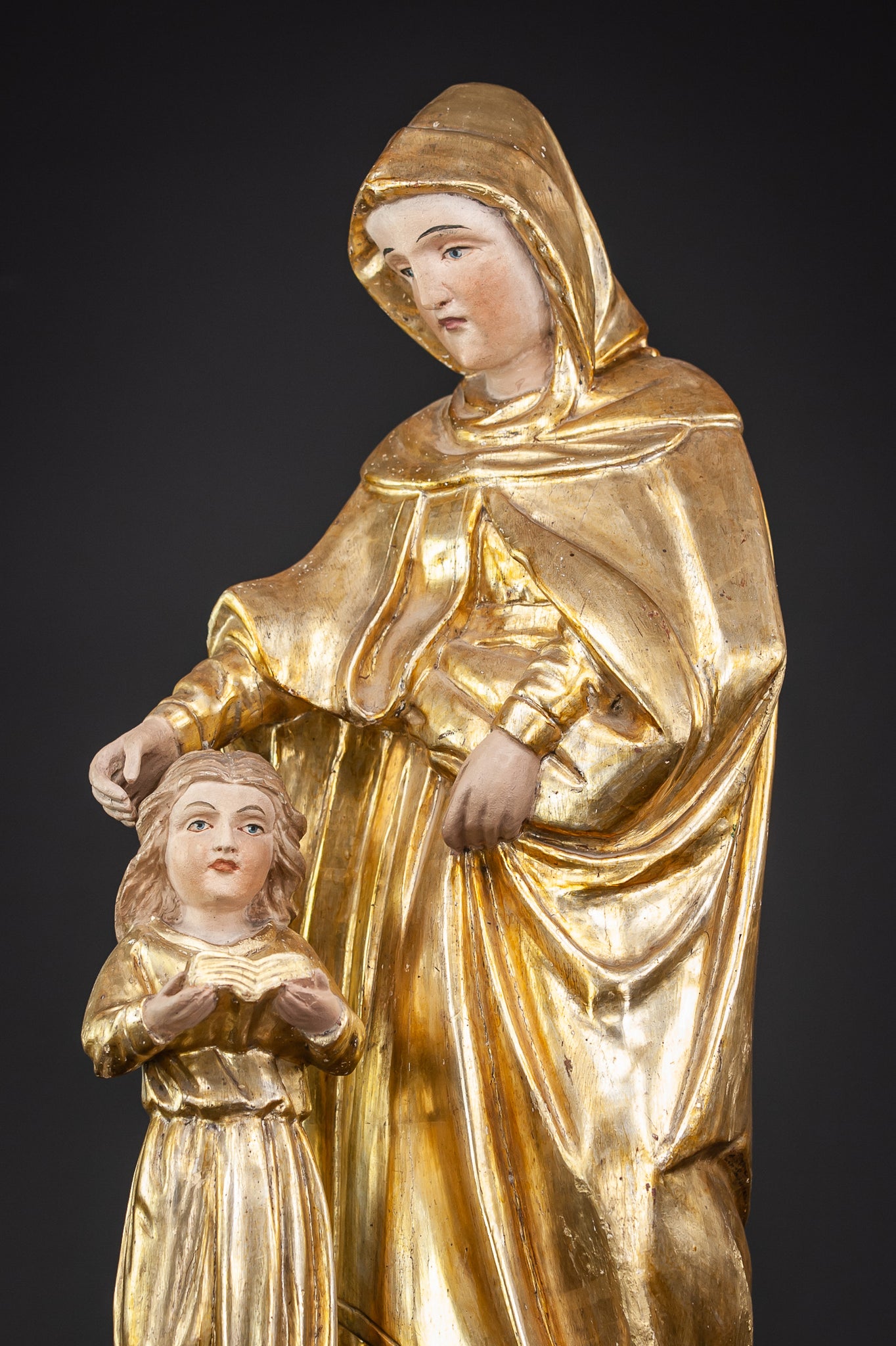 Antique St Anne with Mary Gilded Wood Sculpture 28.7”