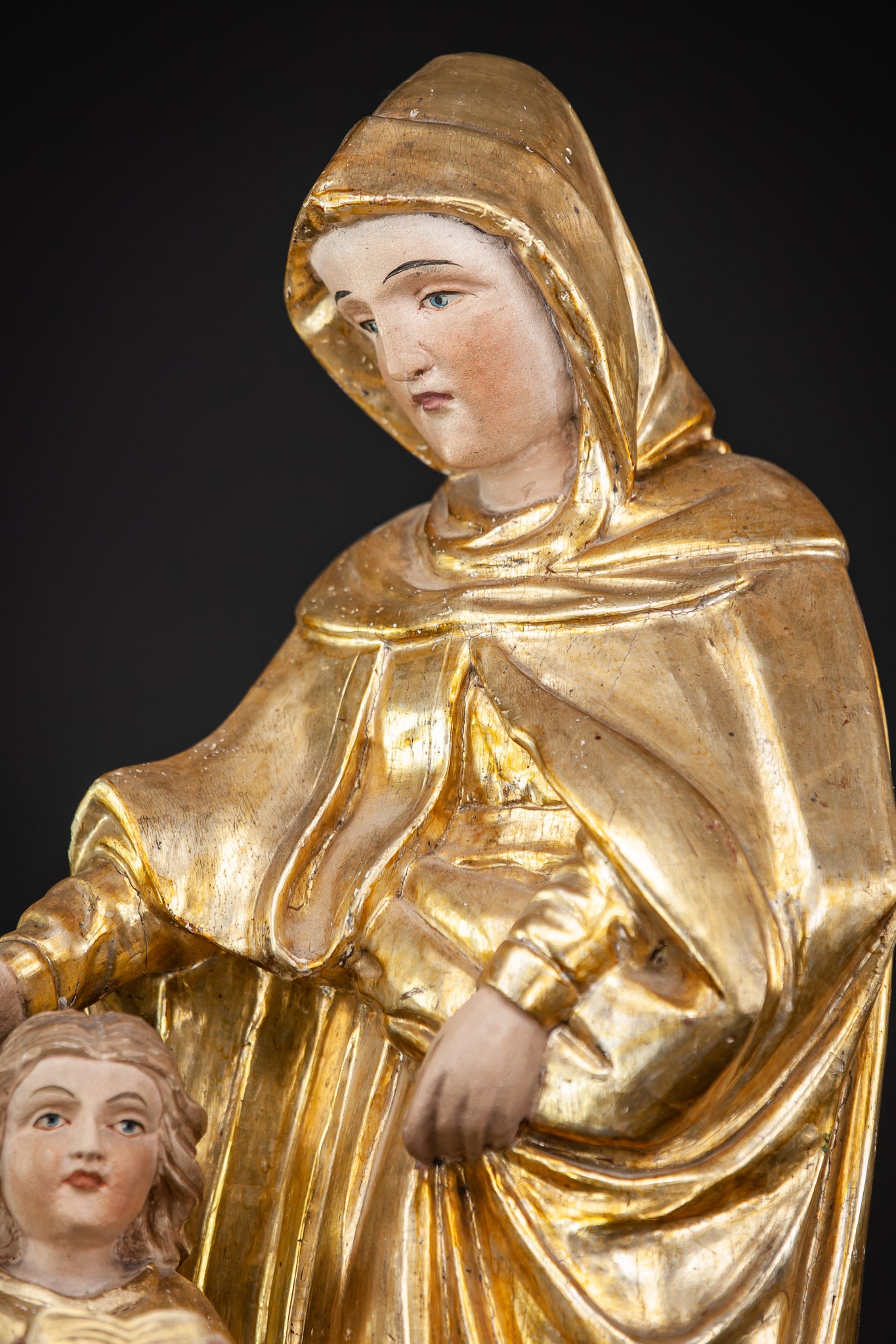 Antique St Anne with Mary Gilded Wood Sculpture 28.7”