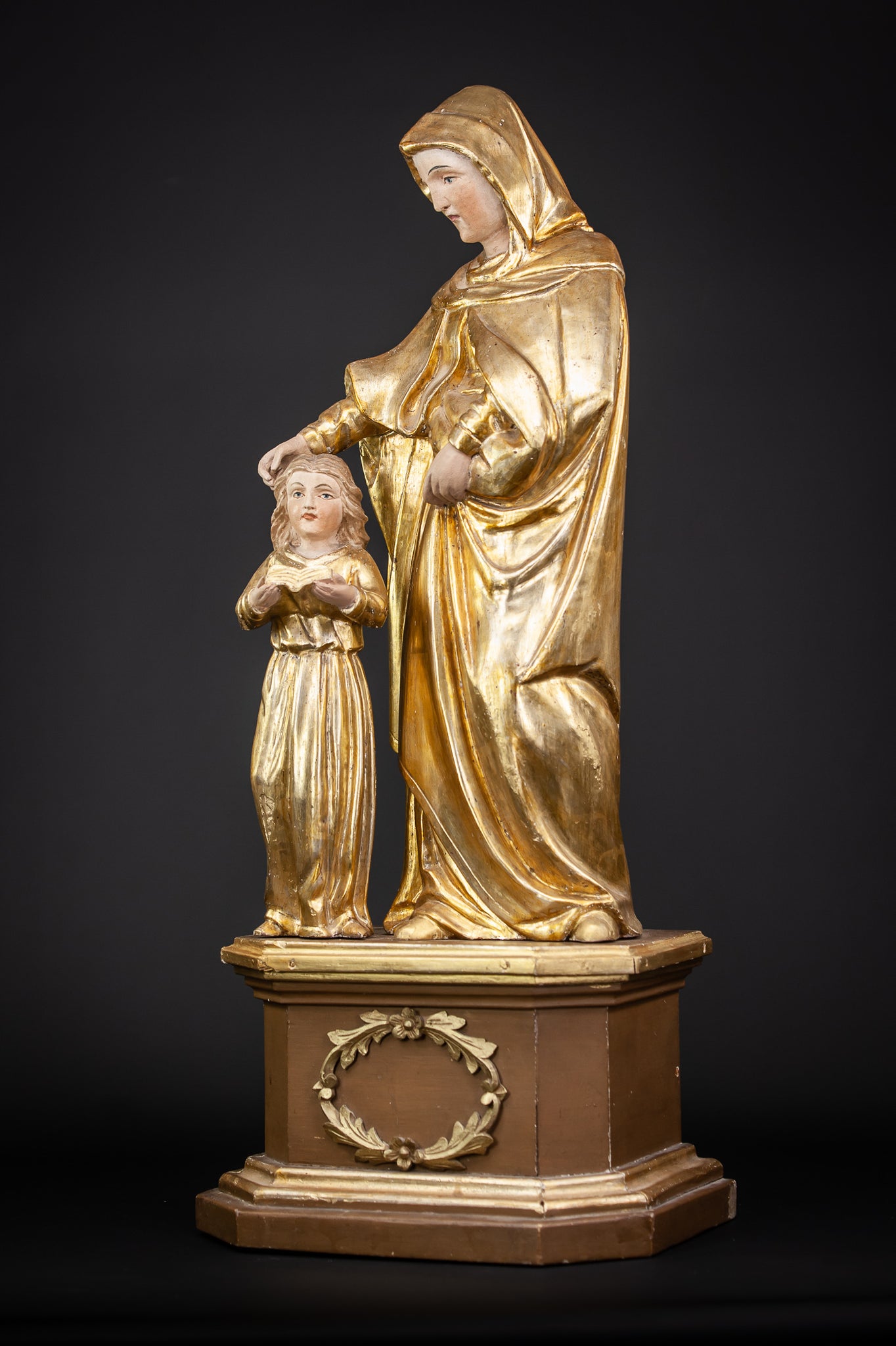 Antique St Anne with Mary Gilded Wood Sculpture 28.7”