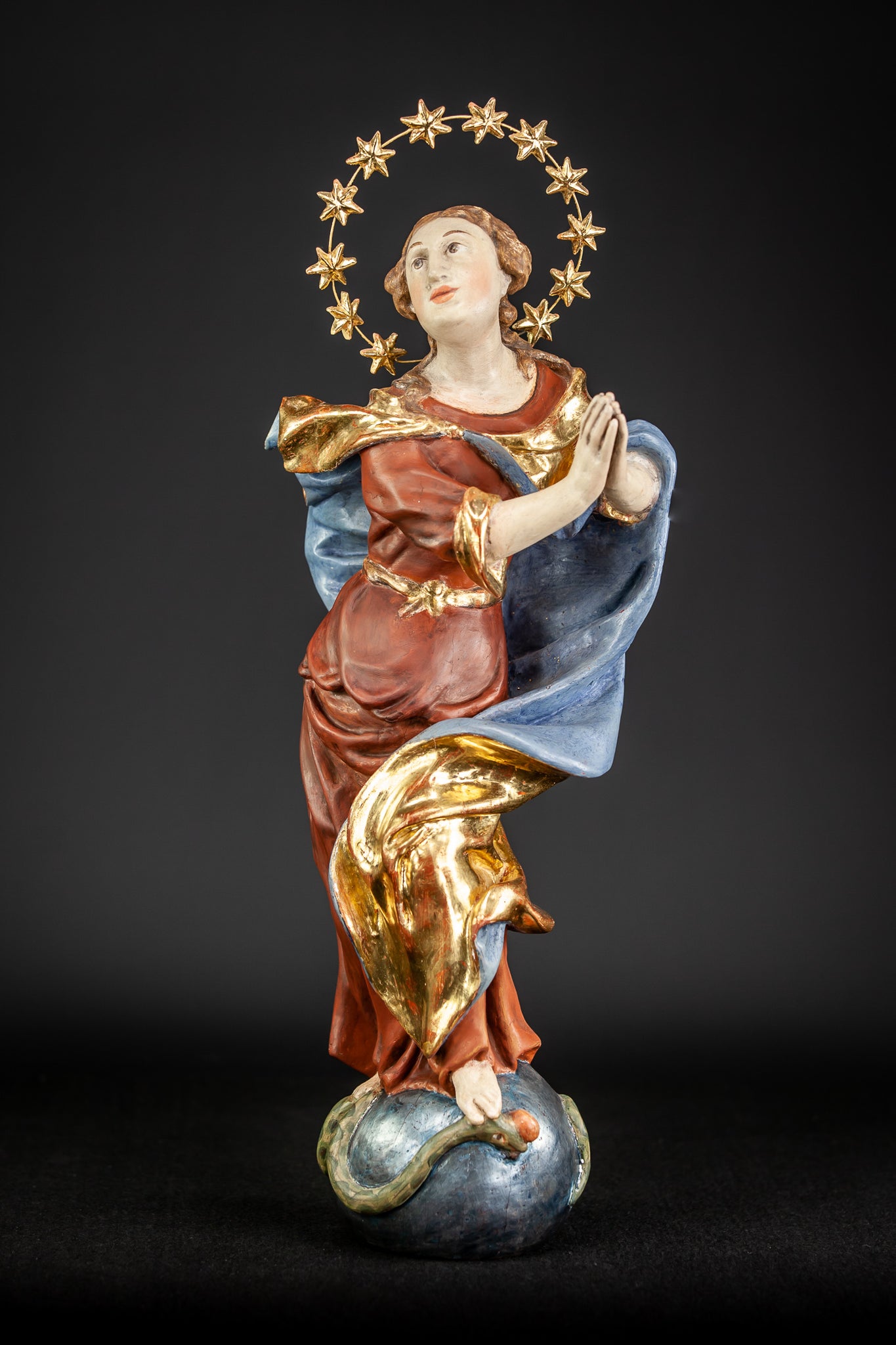 Baroque 17th Cent Wooden Virgin Mary Sculpture | 22.4”