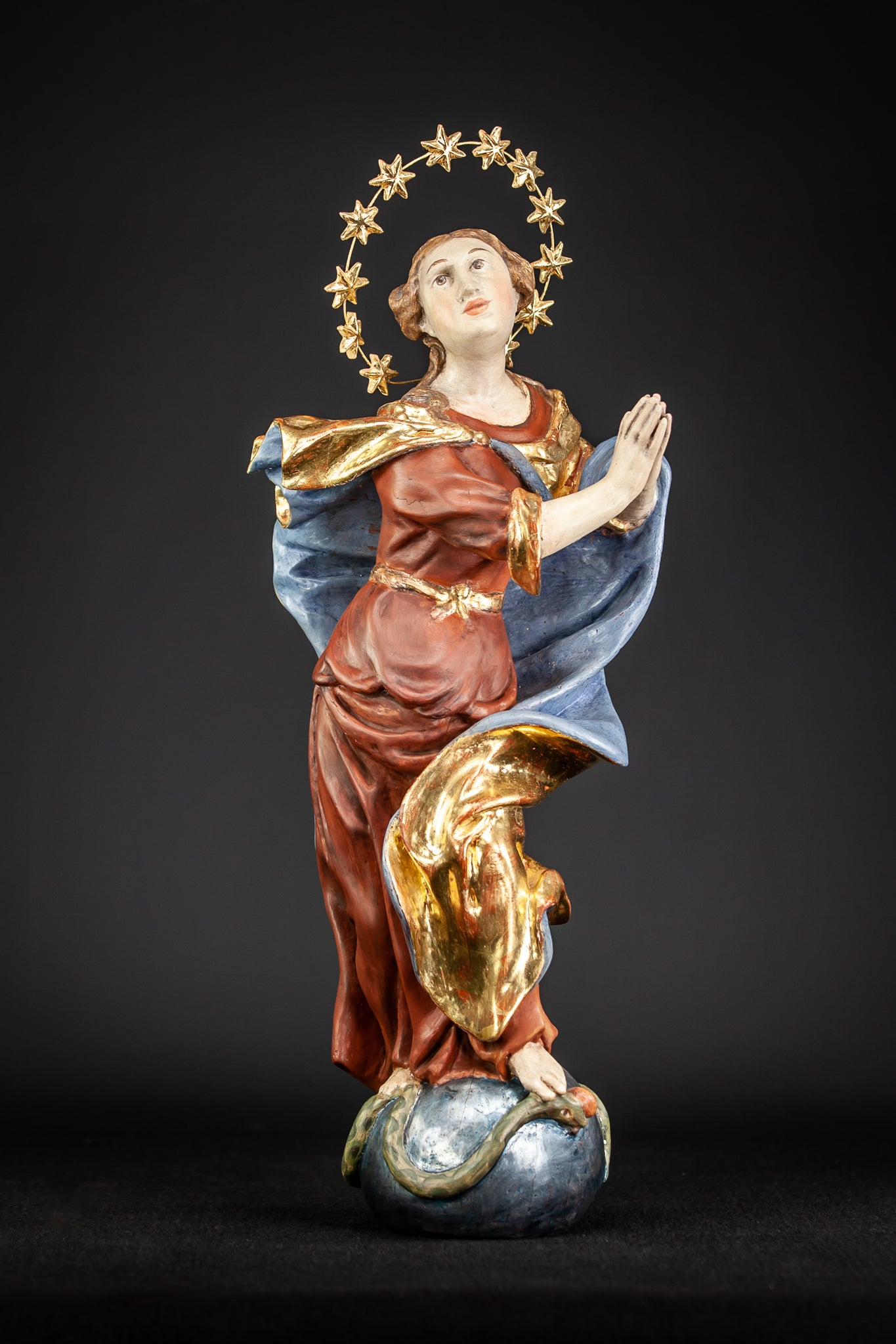 Baroque 17th Cent Wooden Virgin Mary Sculpture | 22.4”