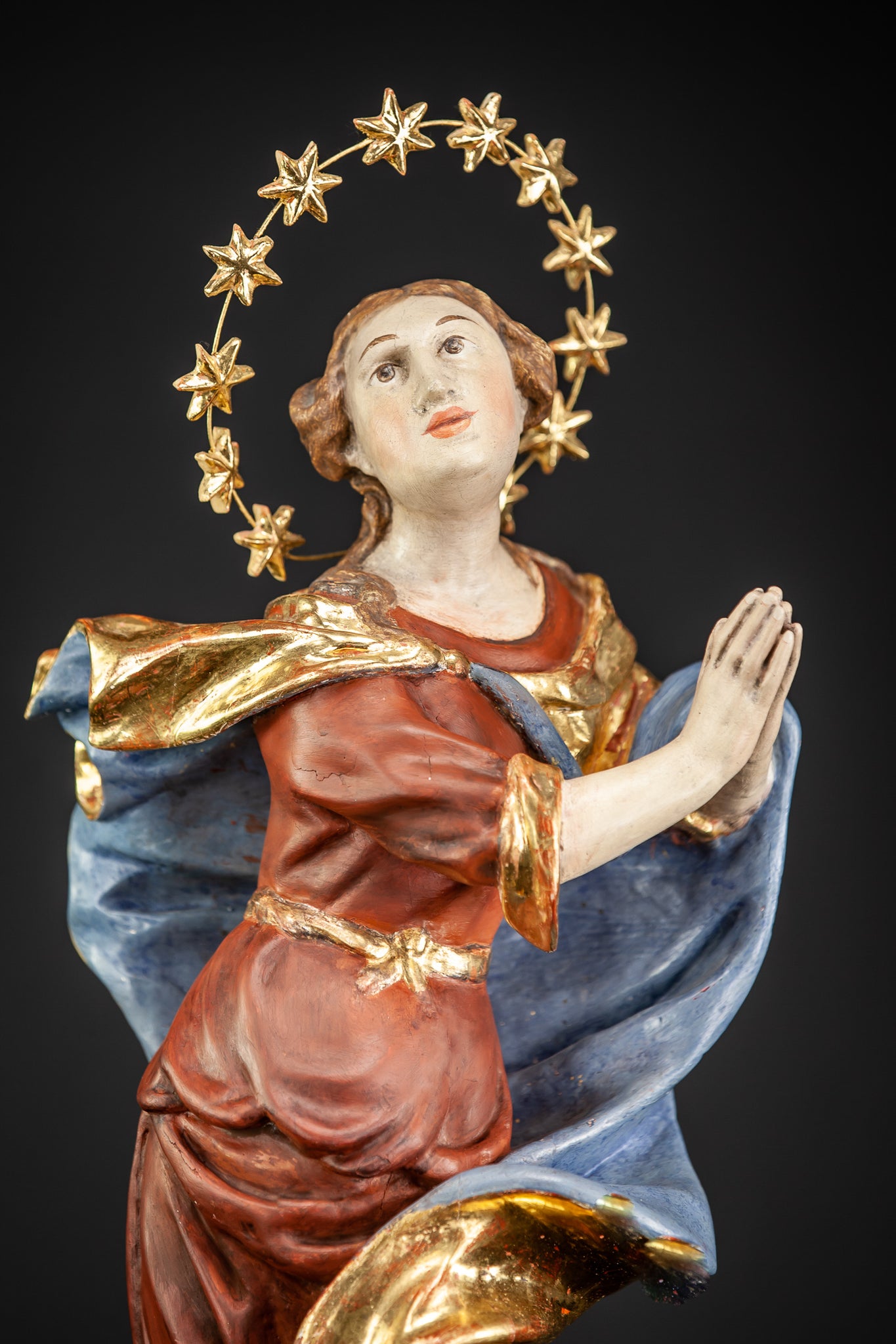 Baroque 17th Cent Wooden Virgin Mary Sculpture | 22.4”