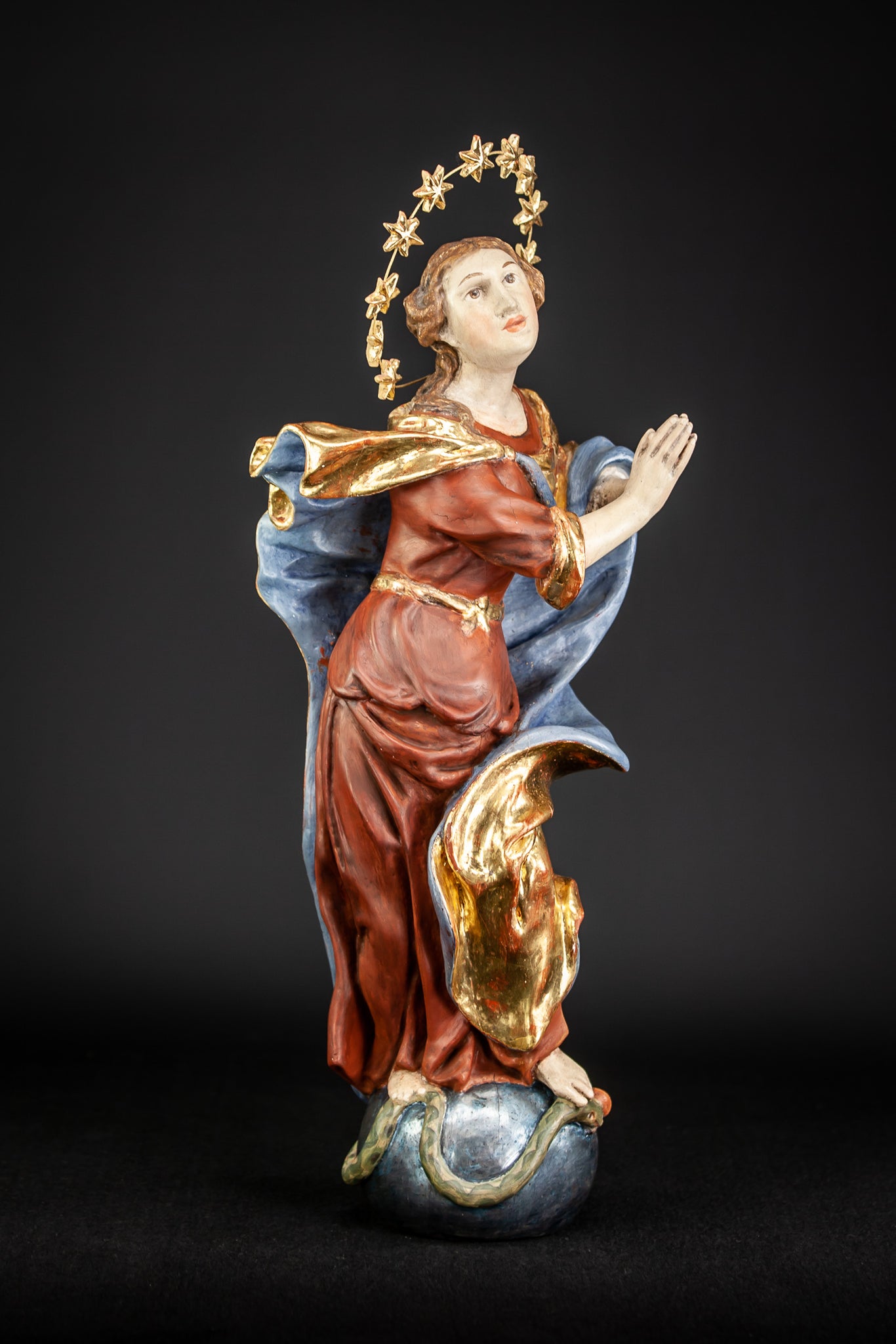 Baroque 17th Cent Wooden Virgin Mary Sculpture | 22.4”