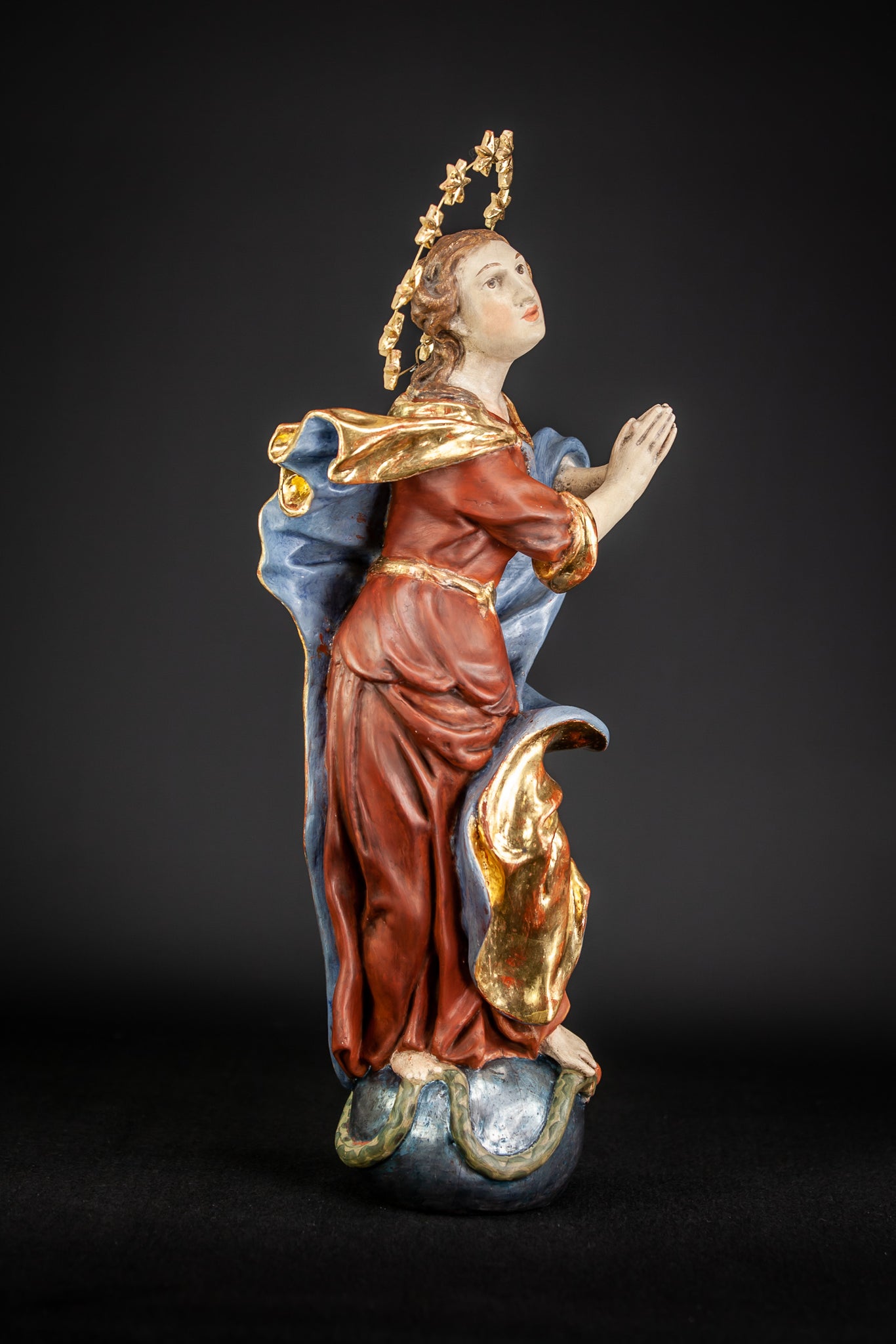 Baroque 17th Cent Wooden Virgin Mary Sculpture | 22.4”