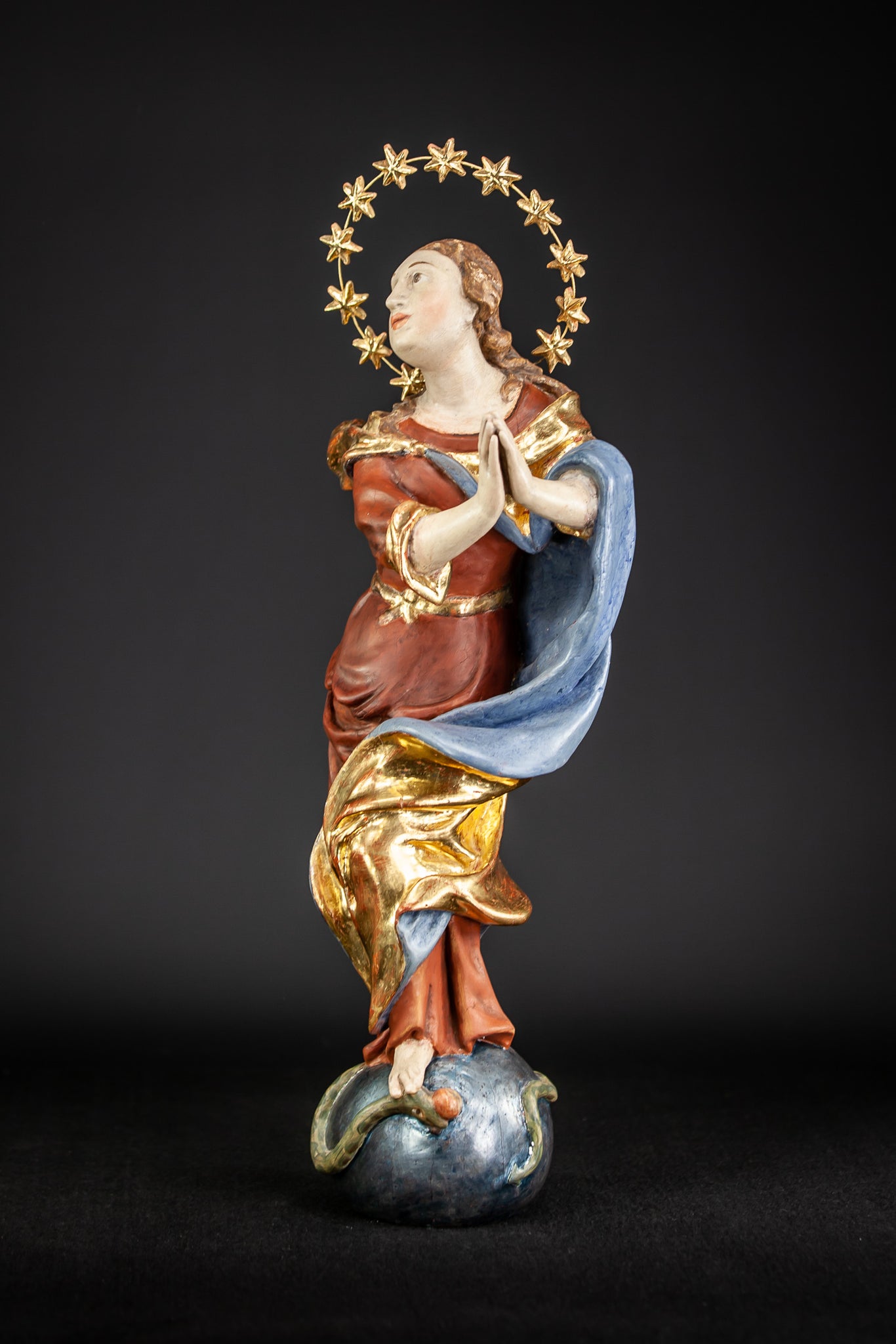 Baroque 17th Cent Wooden Virgin Mary Sculpture | 22.4”