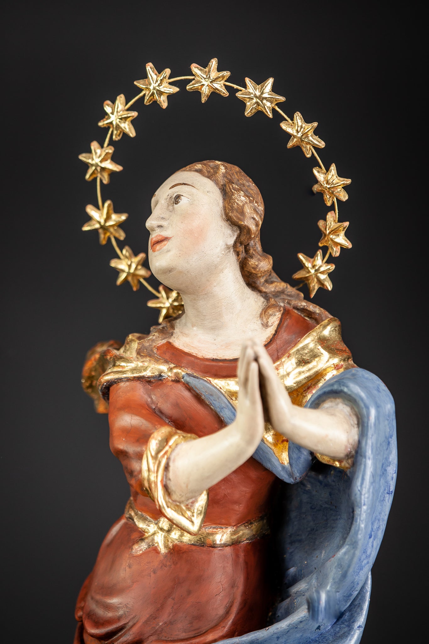 Baroque 17th Cent Wooden Virgin Mary Sculpture | 22.4”