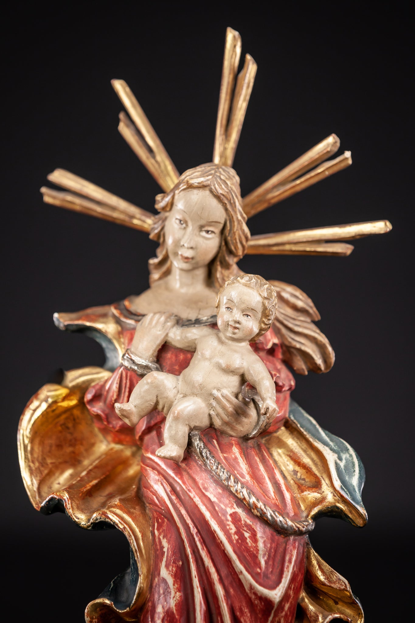 Virgin Mary Child Jesus Wooden Sculpture 19.7”