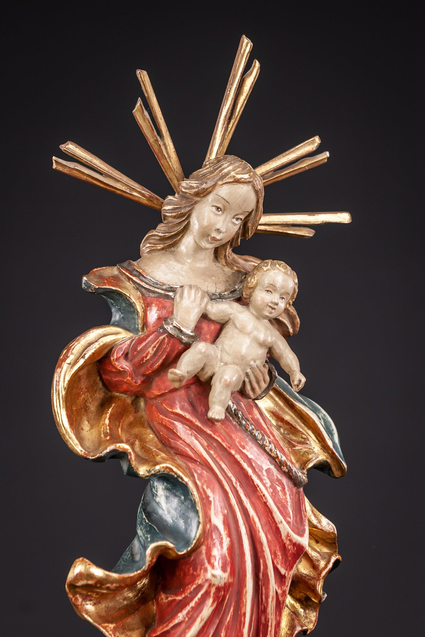 Virgin Mary Child Jesus Wooden Sculpture 19.7”