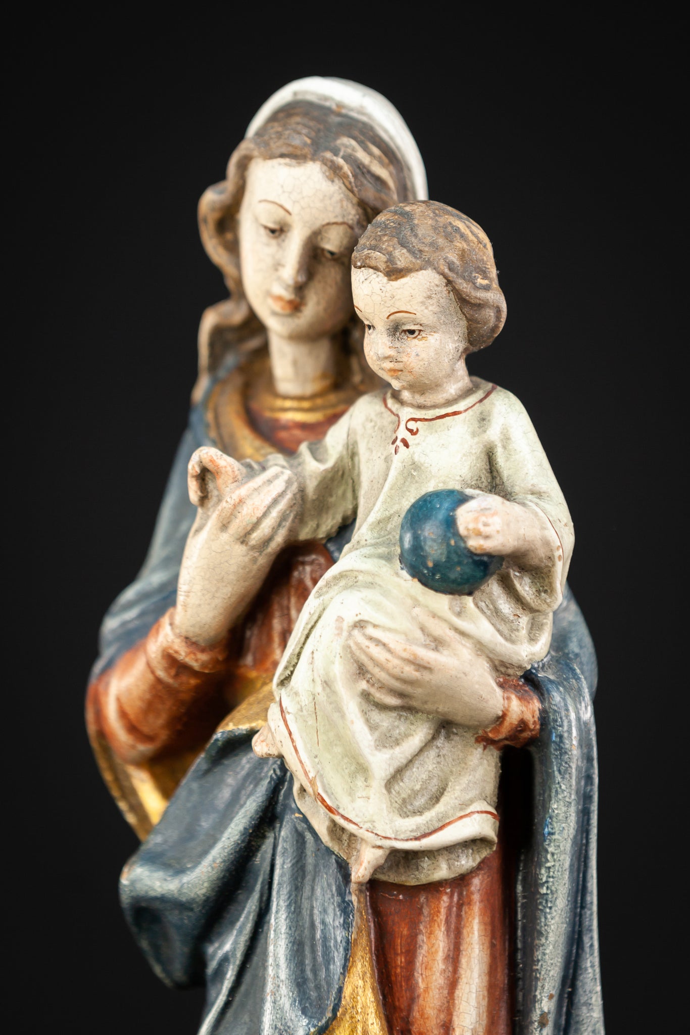 Virgin Mary Child Jesus Wooden Sculpture | 13.4"