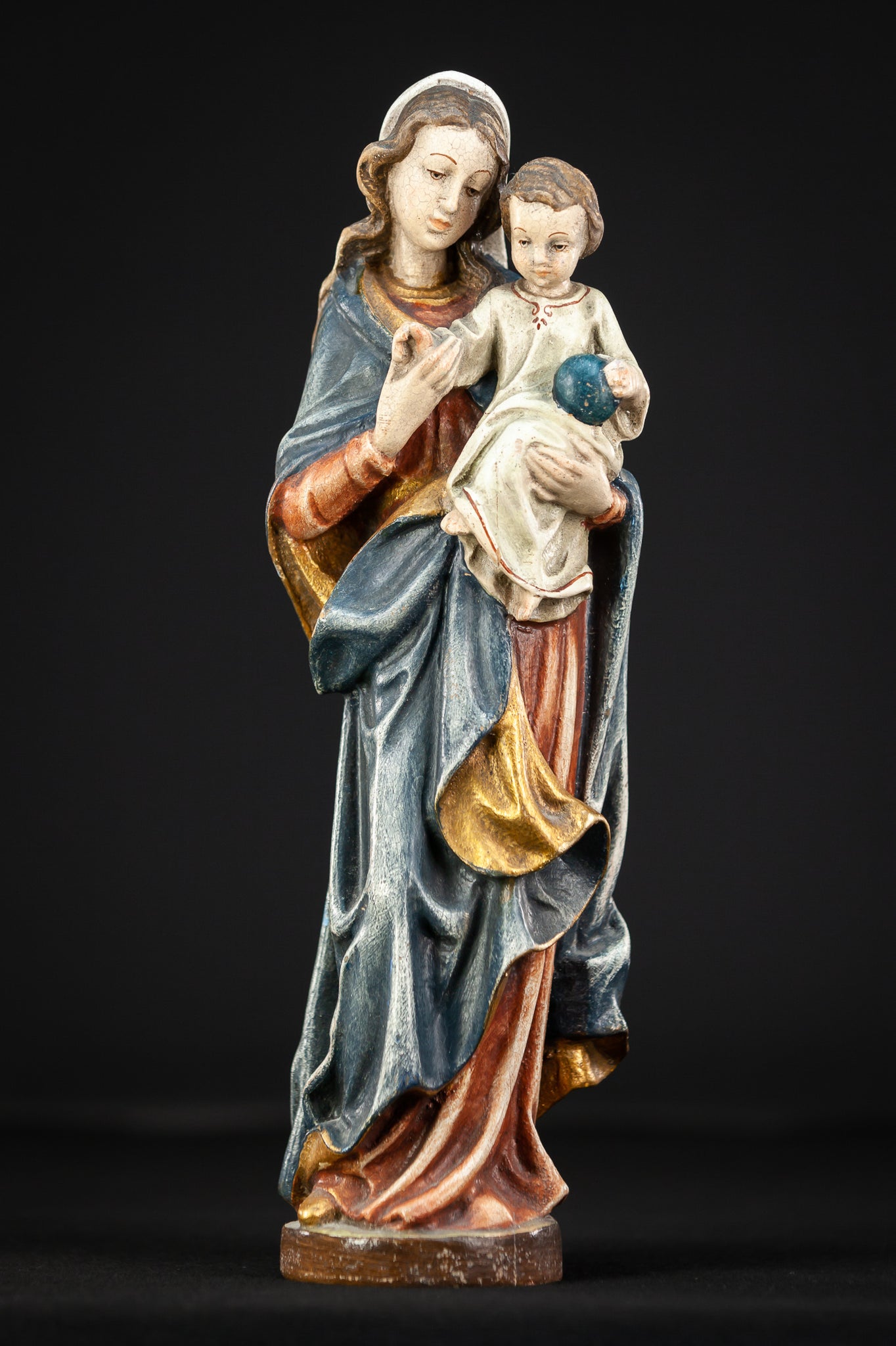 Virgin Mary Child Jesus Wooden Sculpture | 13.4"