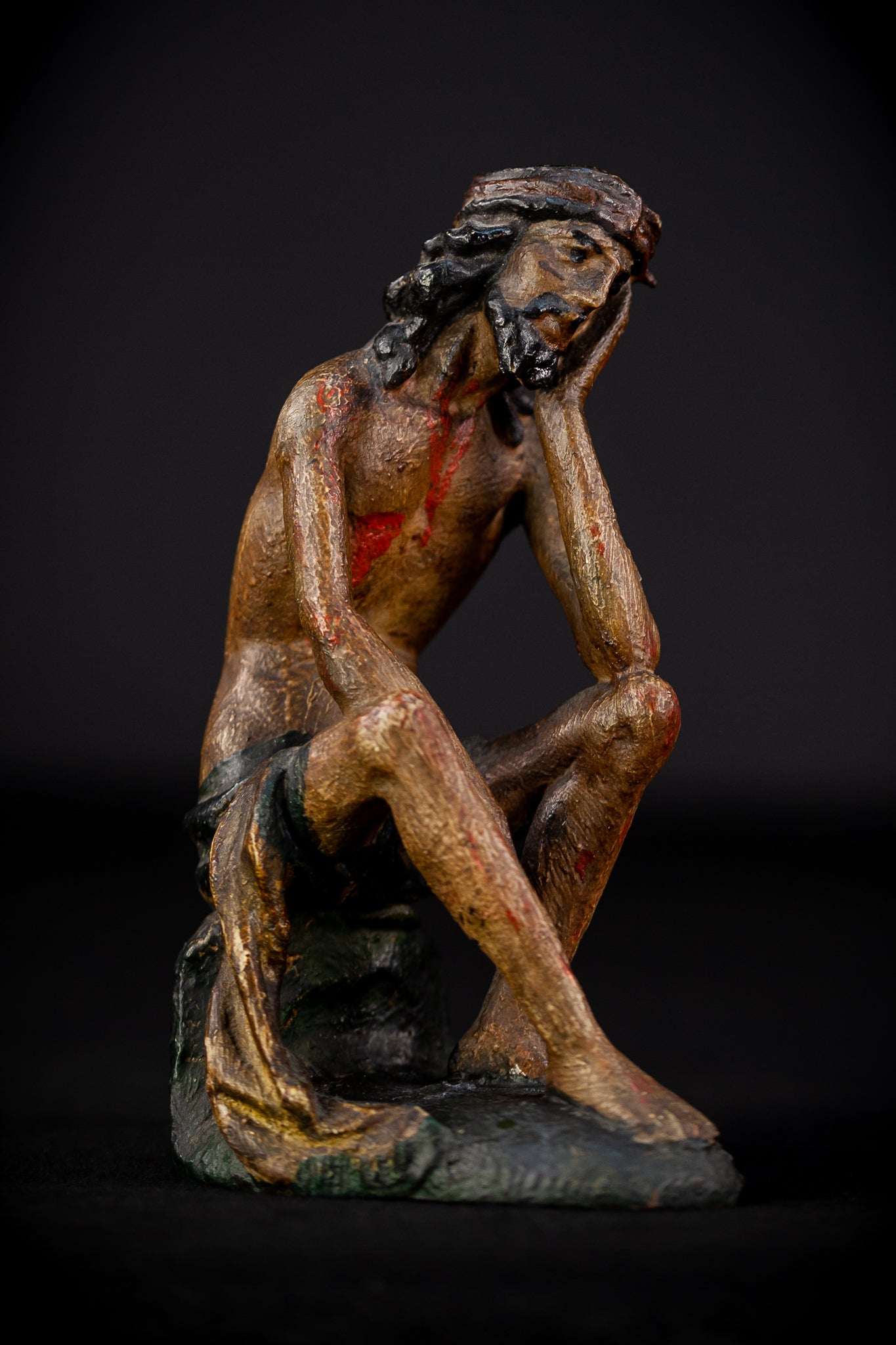 Pensive Christ Wooden Sculpture 1700s | 6.7"