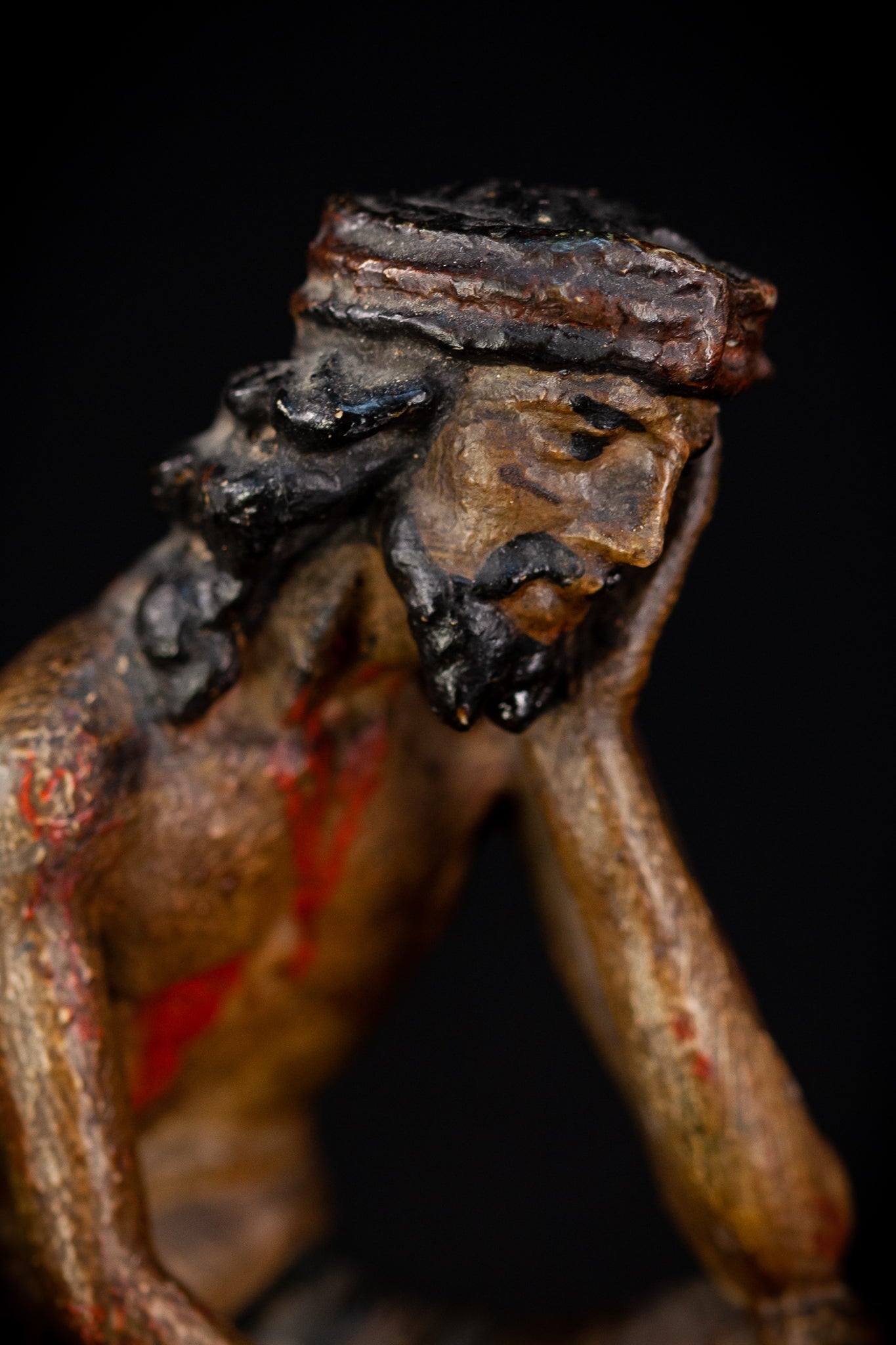 Pensive Christ Wooden Sculpture | 1700s Antique 6.7" / 17 cm