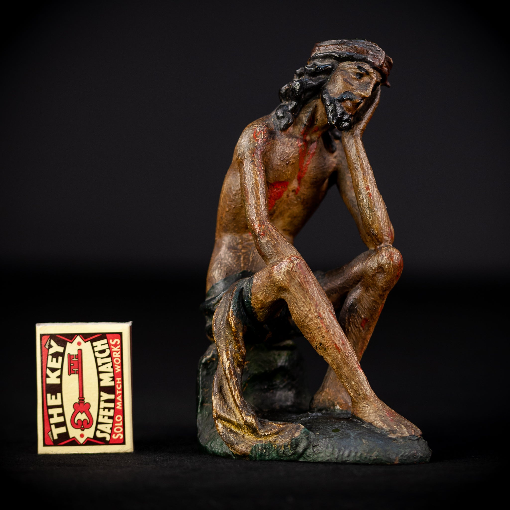 Pensive Christ Wooden Sculpture | 1700s Antique 6.7" / 17 cm