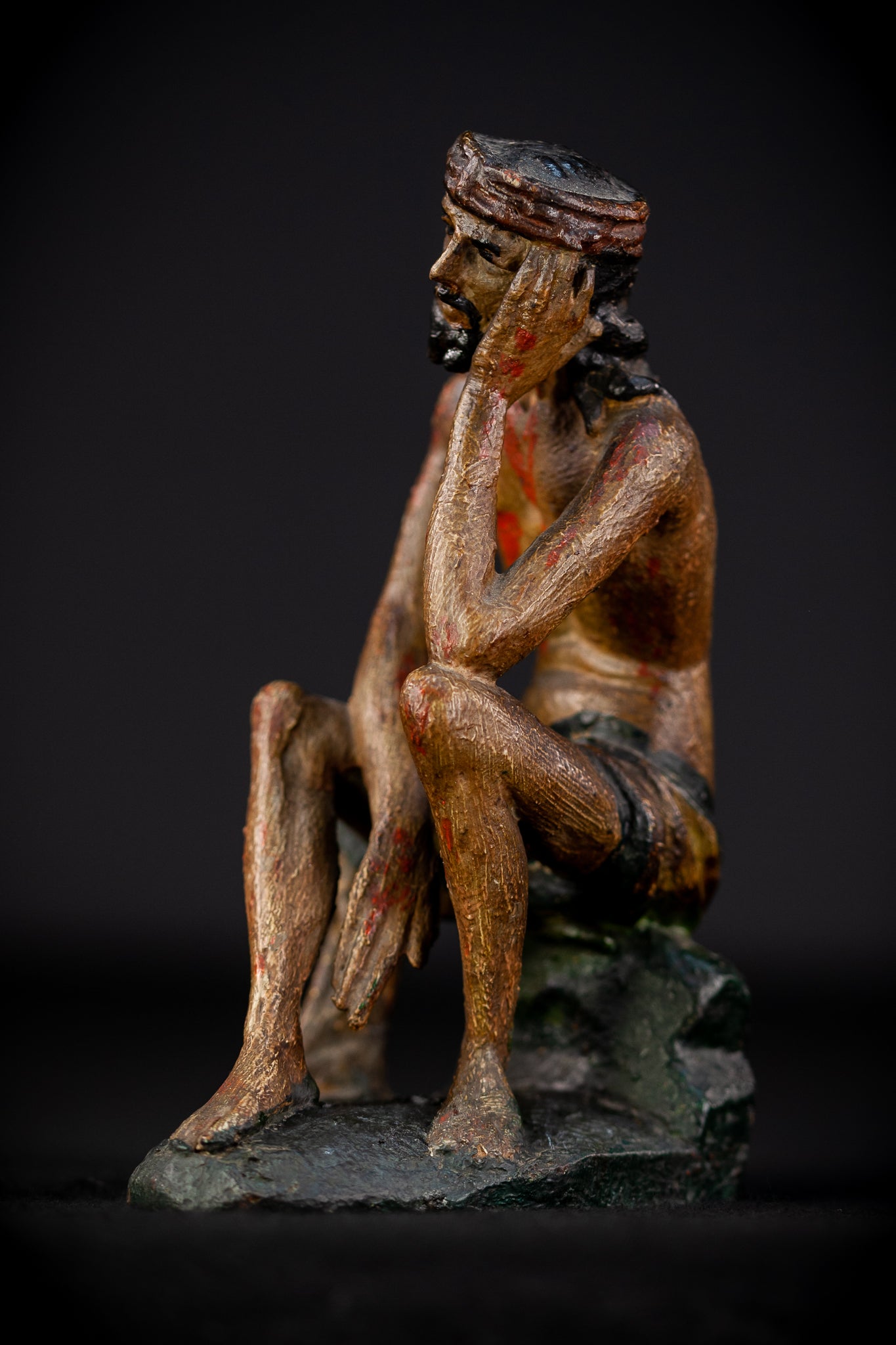 Pensive Christ Wooden Sculpture | 1700s Antique 6.7" / 17 cm
