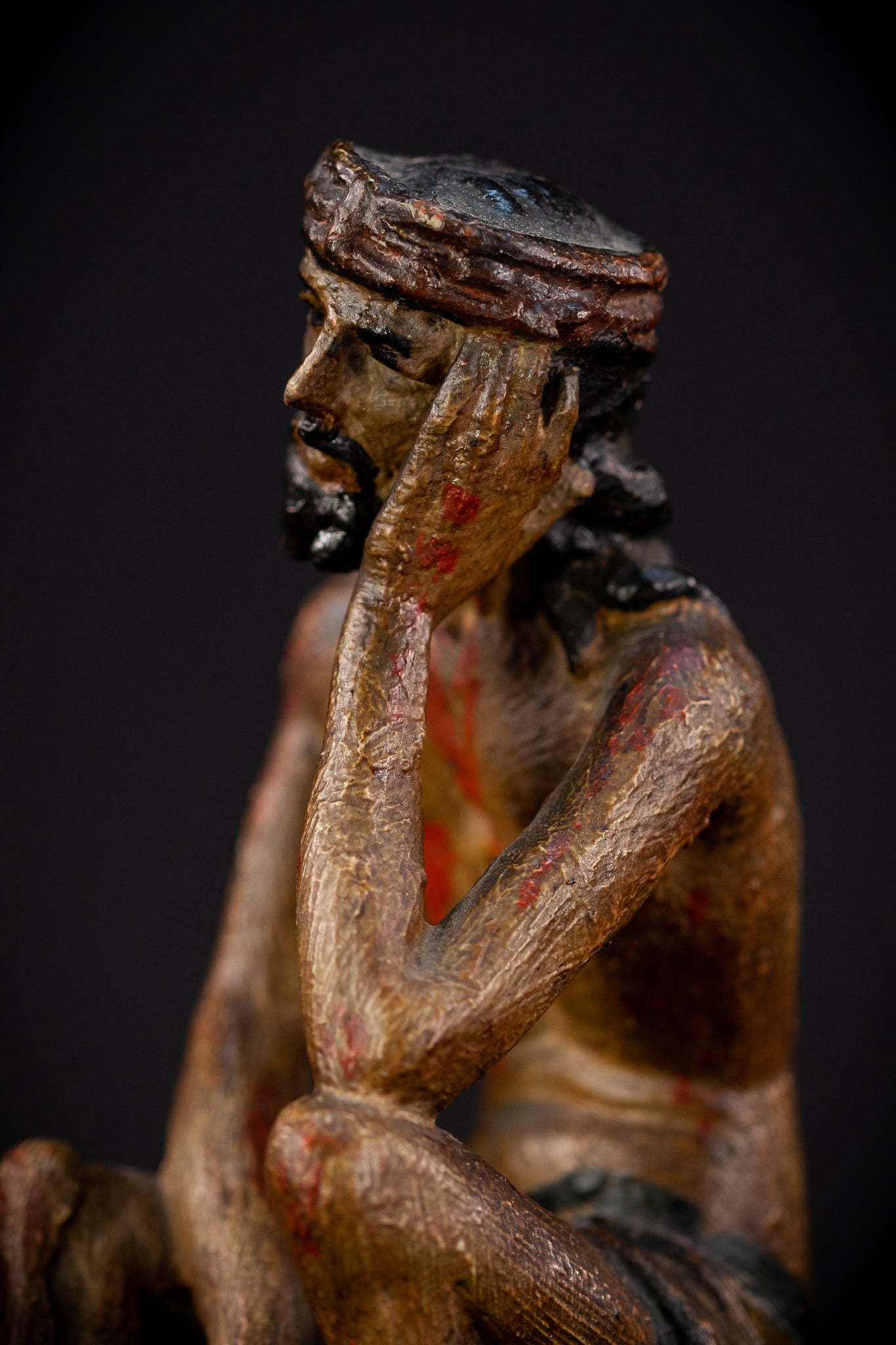 Pensive Christ Wooden Sculpture | 1700s Antique 6.7" / 17 cm