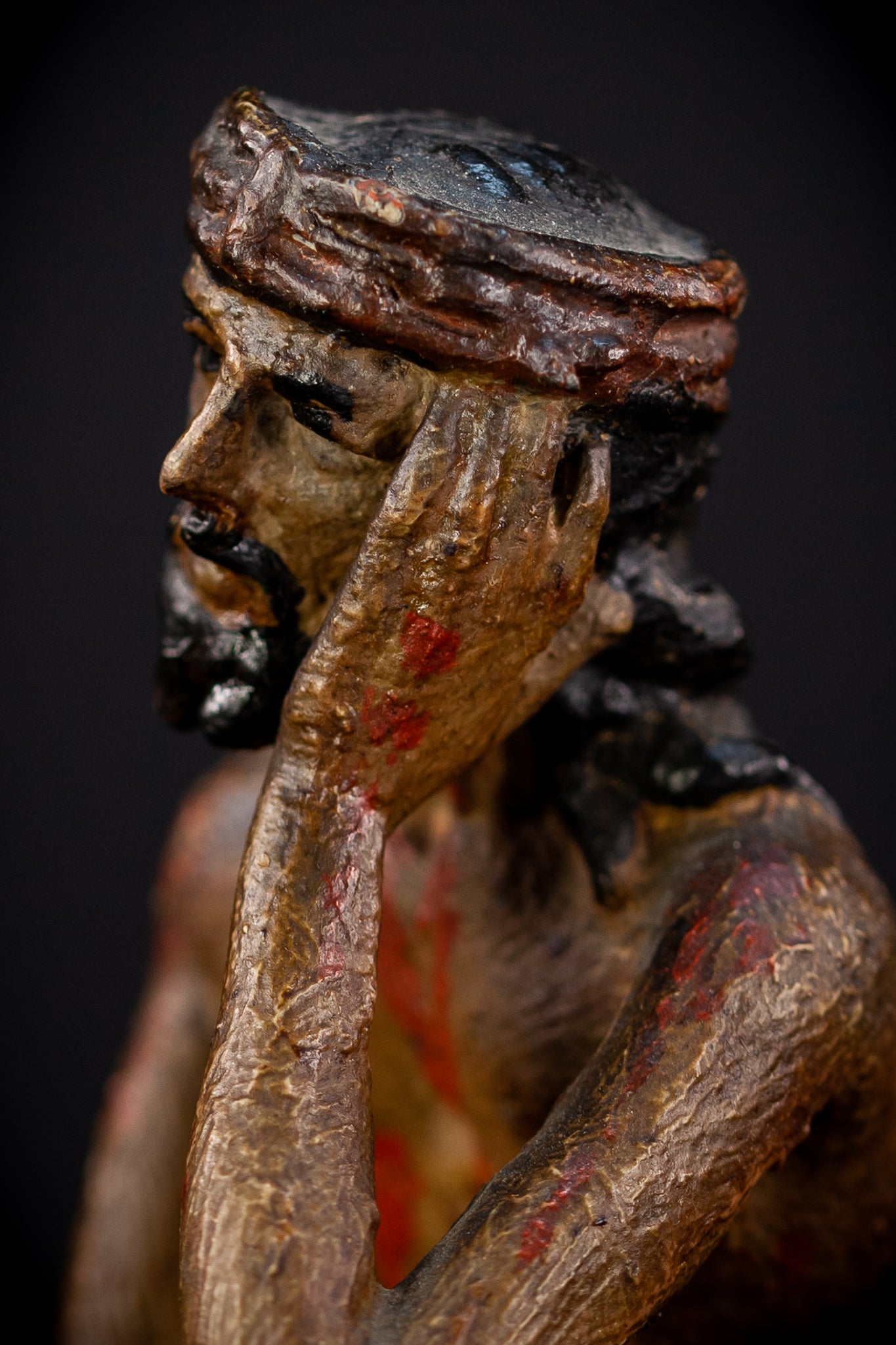 Pensive Christ Wooden Sculpture | 1700s Antique 6.7" / 17 cm