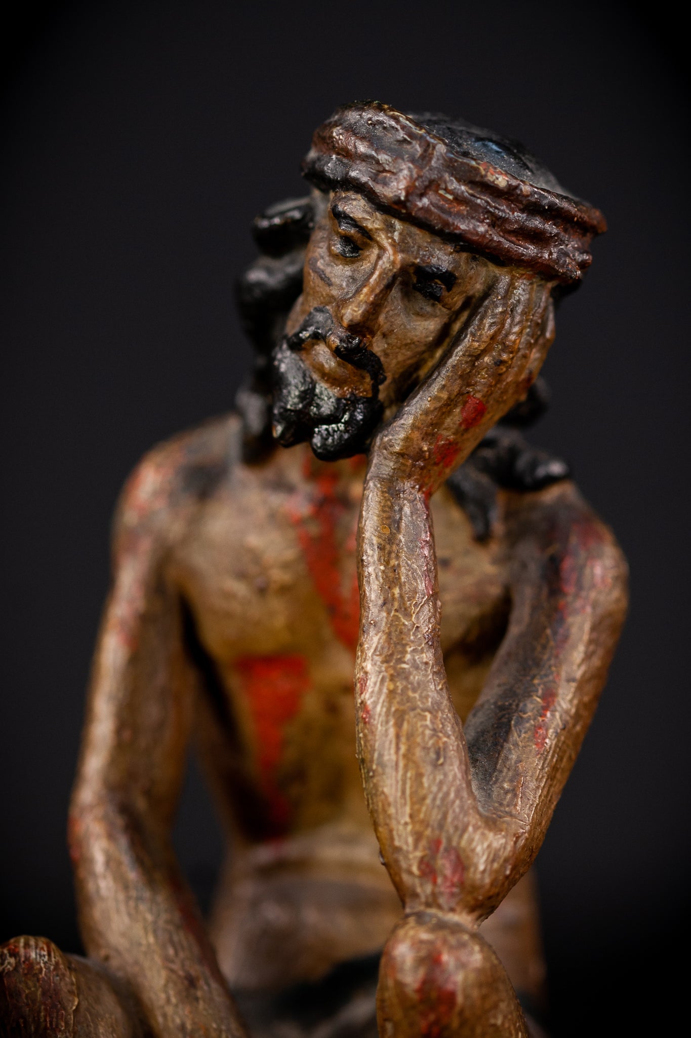 Pensive Christ Wooden Sculpture | 1700s Antique 6.7" / 17 cm