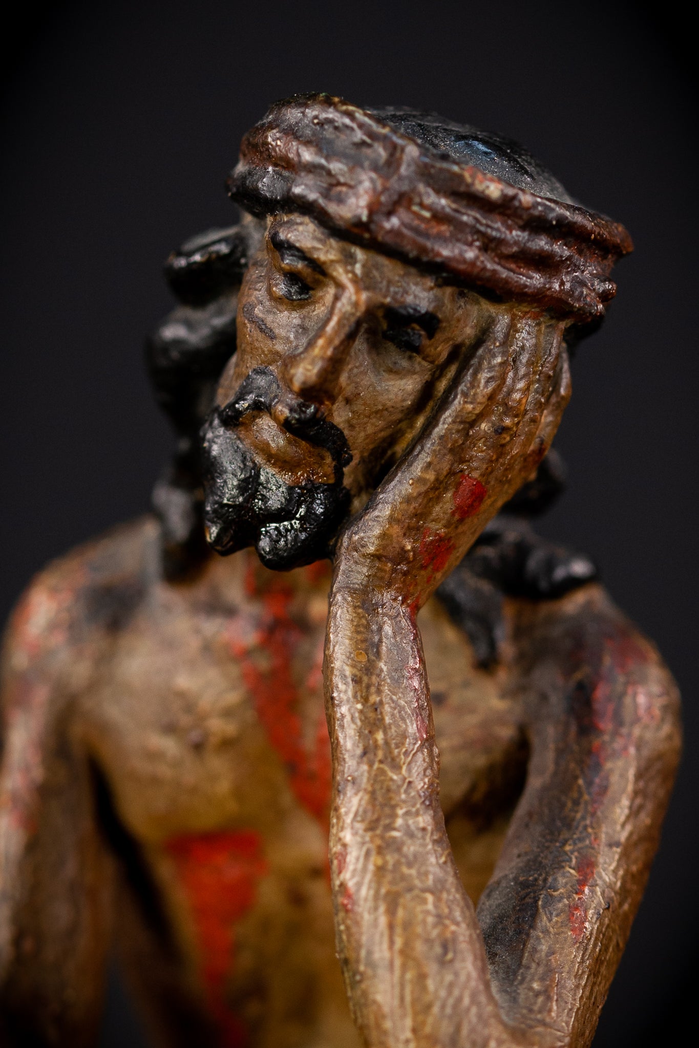 Pensive Christ Wooden Sculpture | 1700s Antique 6.7" / 17 cm