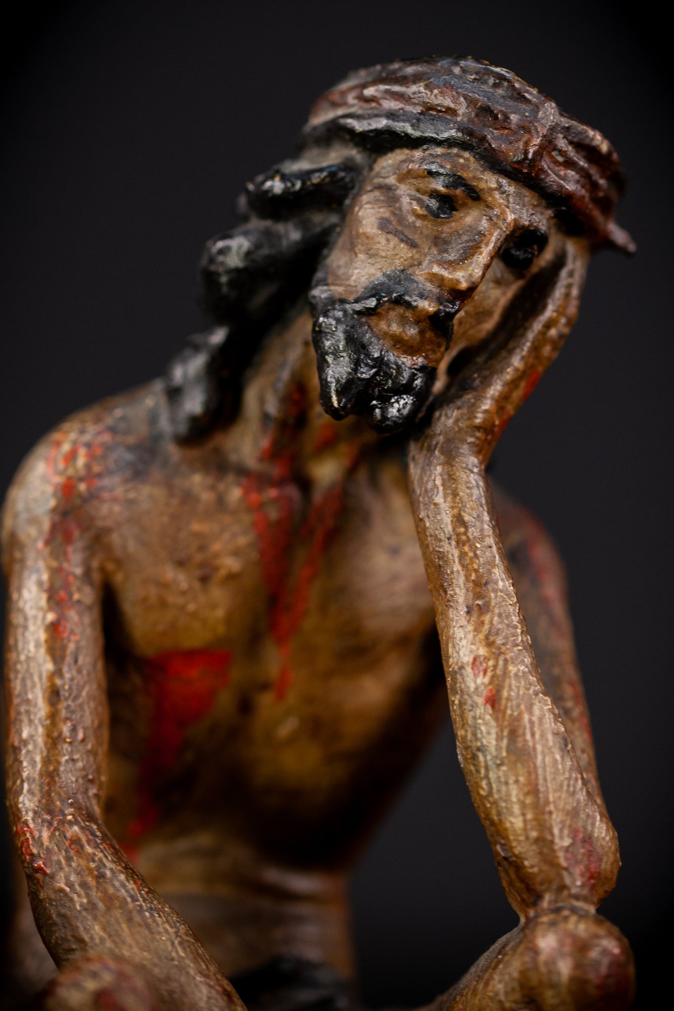 Pensive Christ Wooden Sculpture | 1700s Antique 6.7" / 17 cm