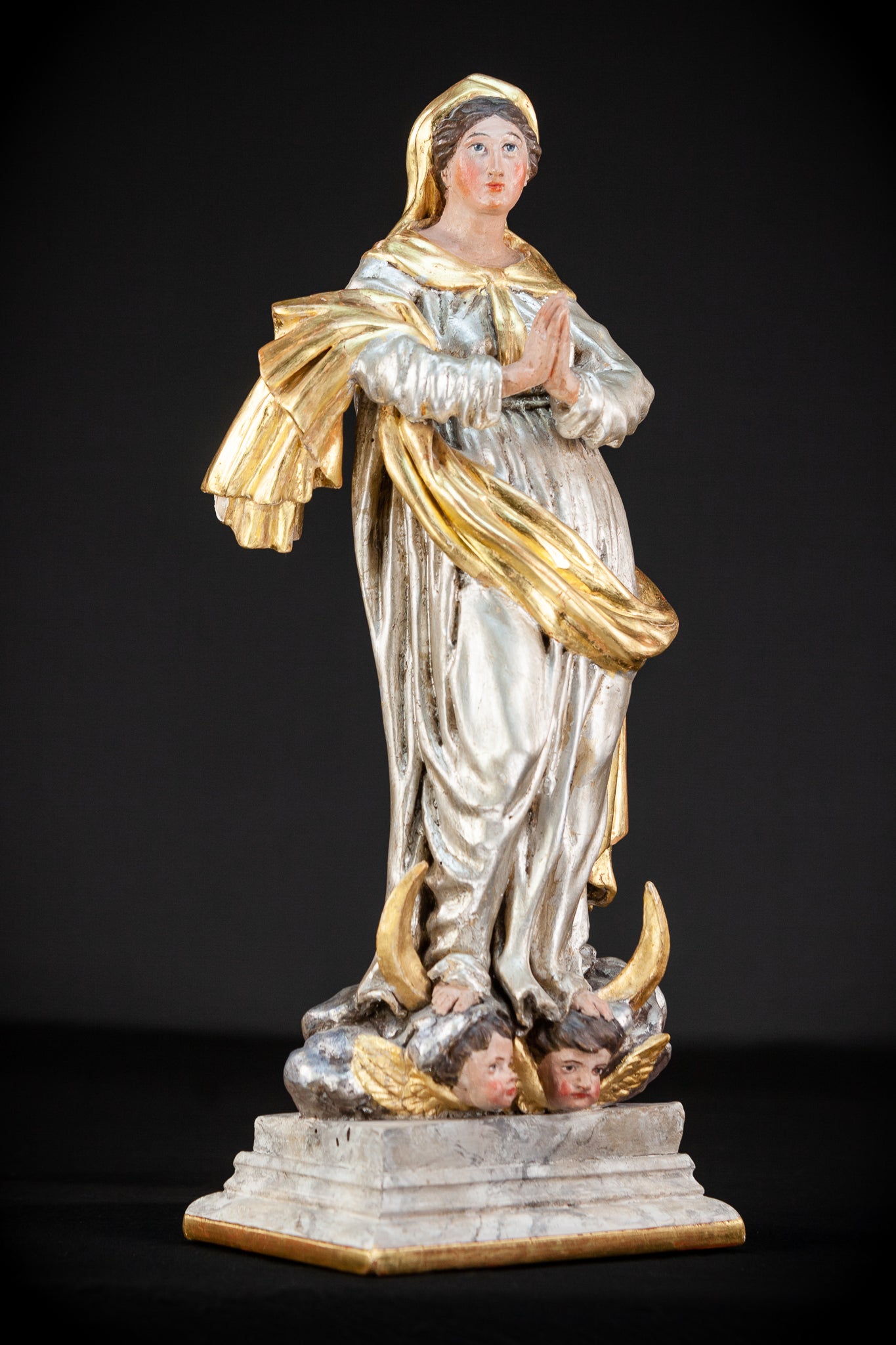 Immaculate Conception of Virgin Mary Wooden Sculpture | 1800s Antique 19.3” / 49 cm