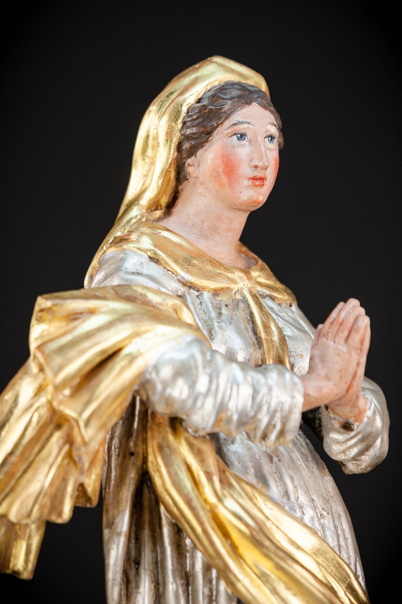Immaculate Conception of Virgin Mary Wooden Sculpture | 1800s Antique 19.3” / 49 cm