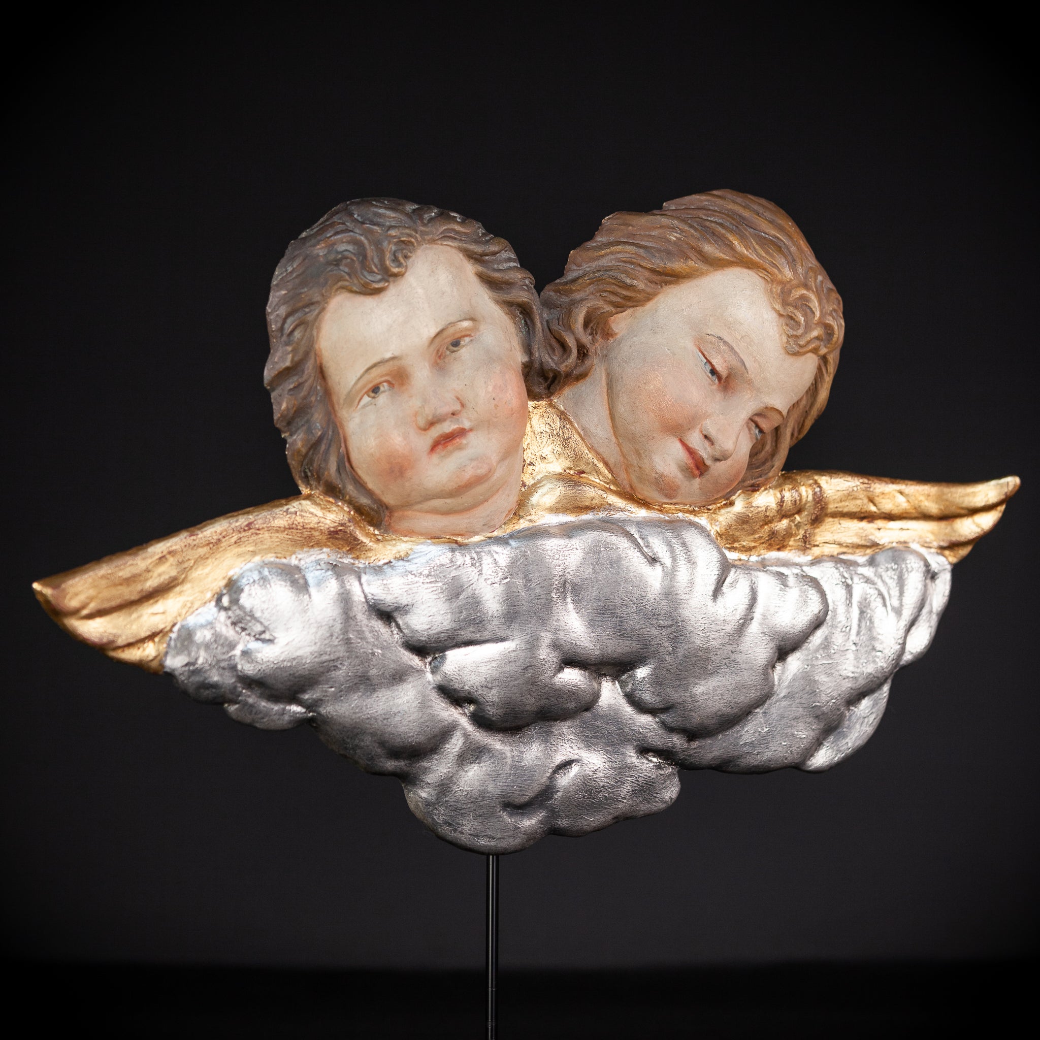 Pair of Angels Antique Wooden Relief Sculpture | 1800s Antique 22.8" / 45 cm